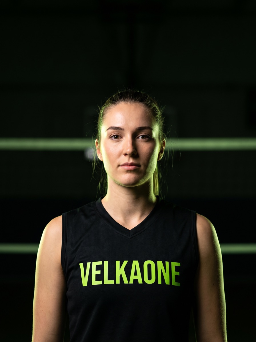 Atleta di pallavolo in divisa Velkaone in palestra