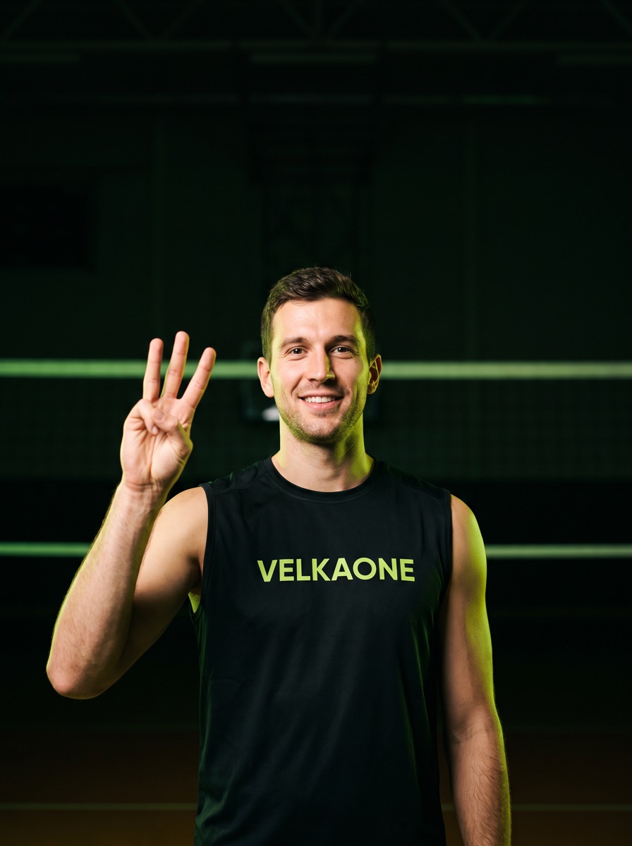 Giocatore di pallavolo Velkaone con il pallone in palestra